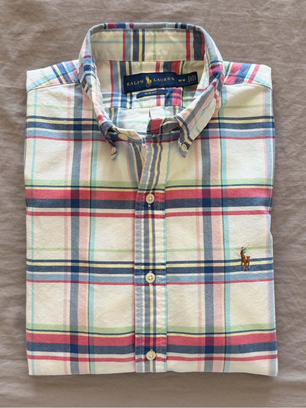 Polo by Ralph Lauren White Plaid Button-Down Shirt with Blue, Pink & Green